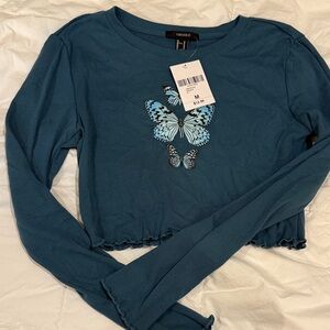 Teal Butterfly Print Long Sleeve Top cropped